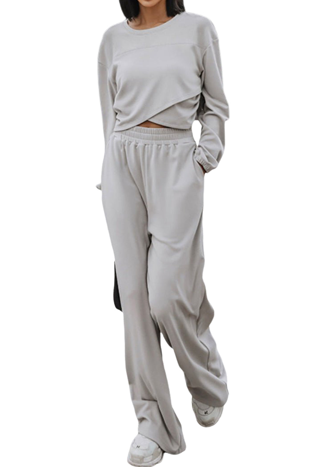 Light Grey Solid Criss Cross Crop Top and Pants Active Set
