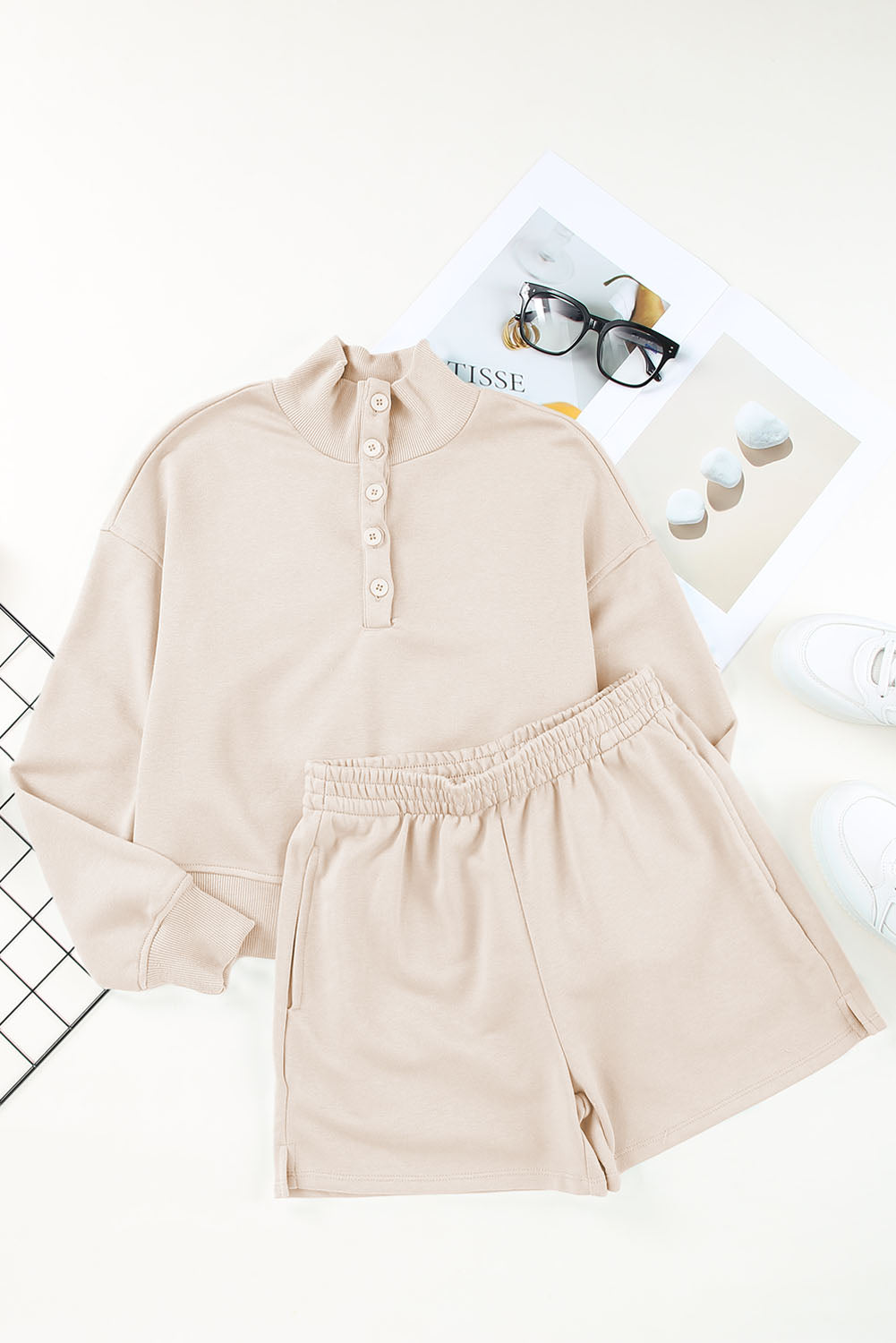 Apricot Casual High Neck Henley Top and Short Outfit