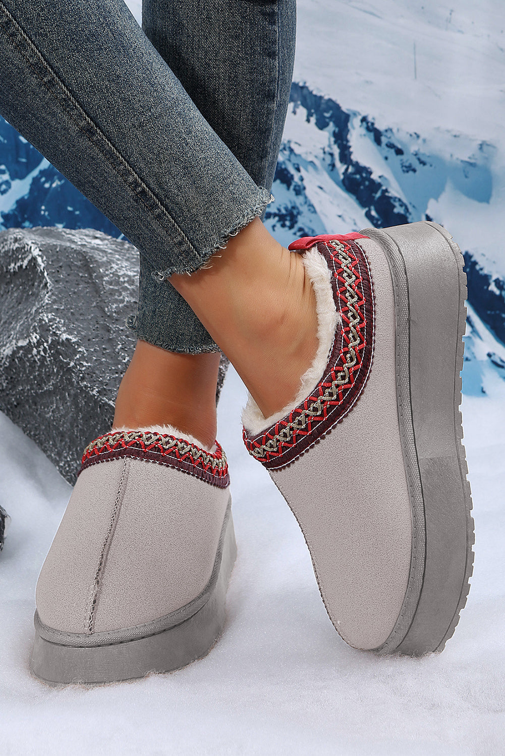 Gray Suede Contrast Print Plush Lined Snow Boots