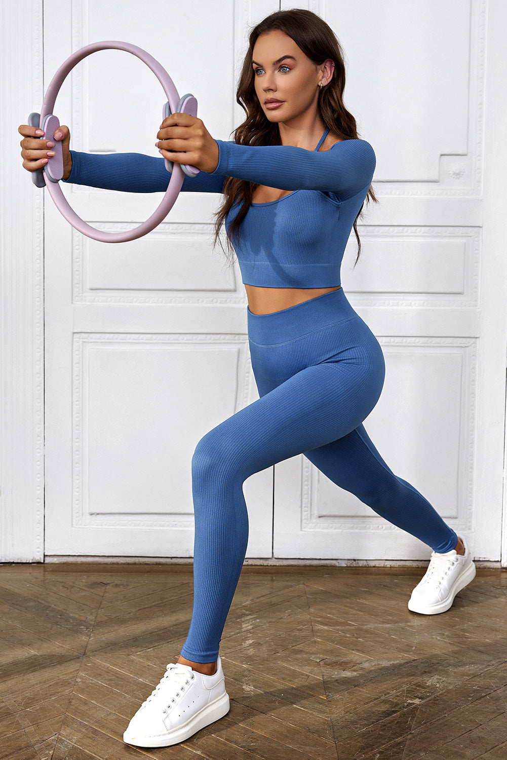 Sky Blue Ribbed Long Sleeve Cropped Yoga Top