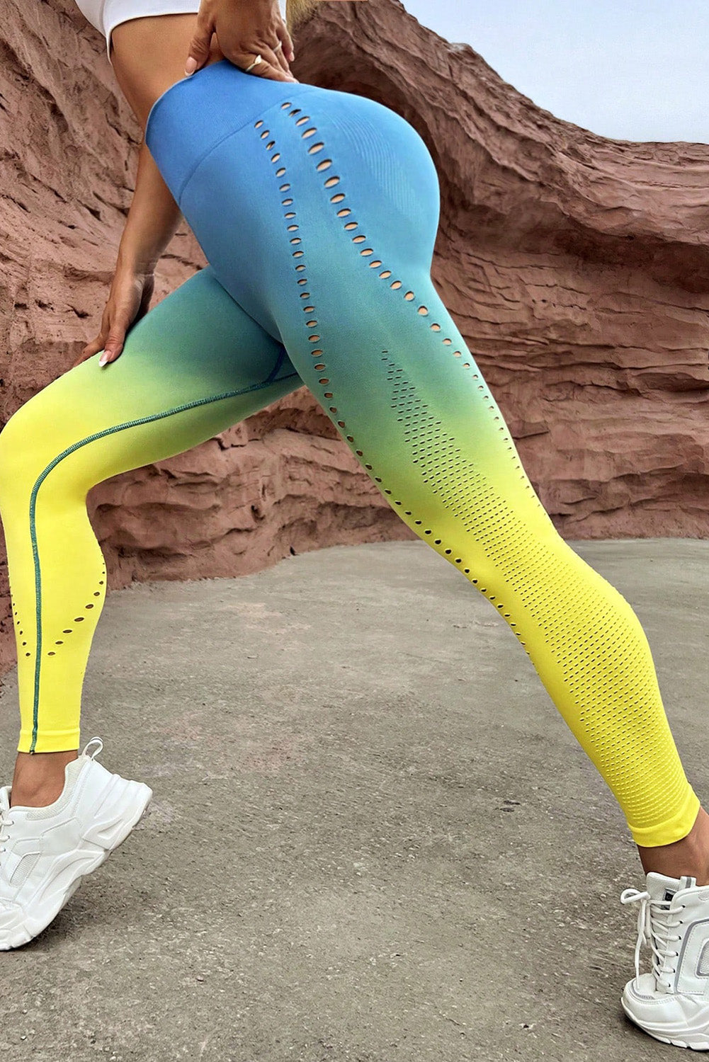 Multicolor Ombre Wide Waistband Laser Hole Sports Leggings