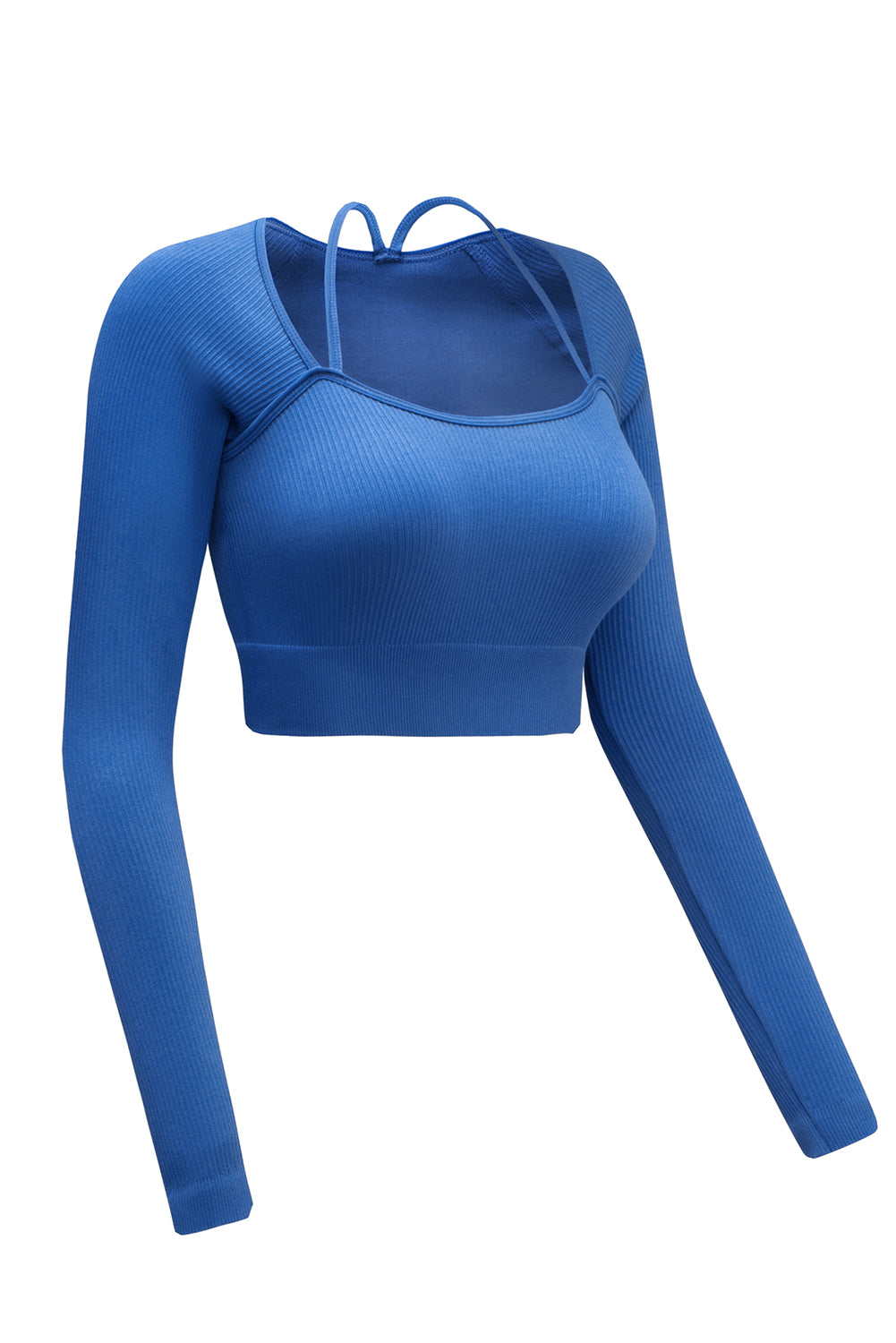Sky Blue Ribbed Long Sleeve Cropped Yoga Top