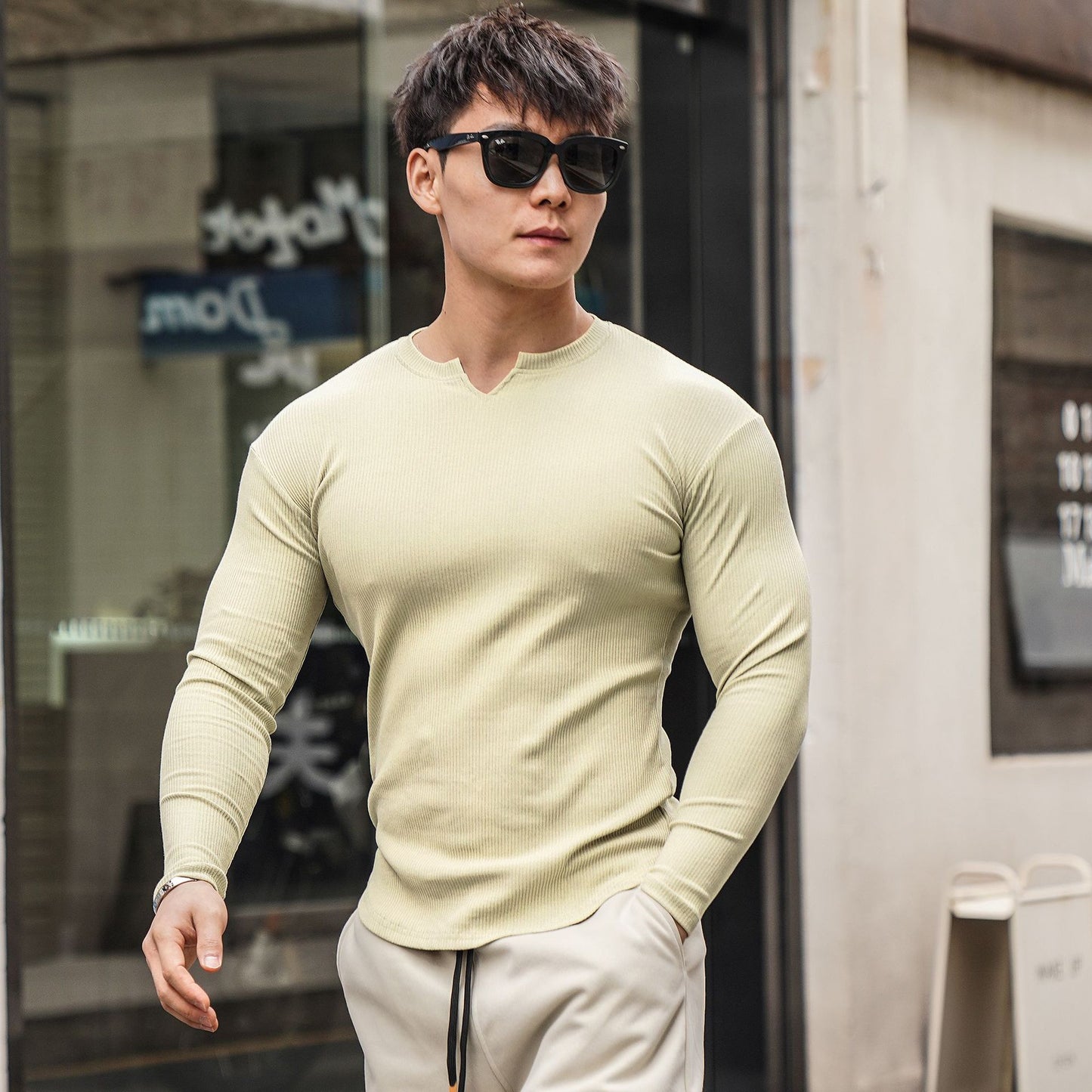 Autumn new men's long sleeve T-shirt arc hem thread fabric comfortable breathable casual clothing outdoor sports