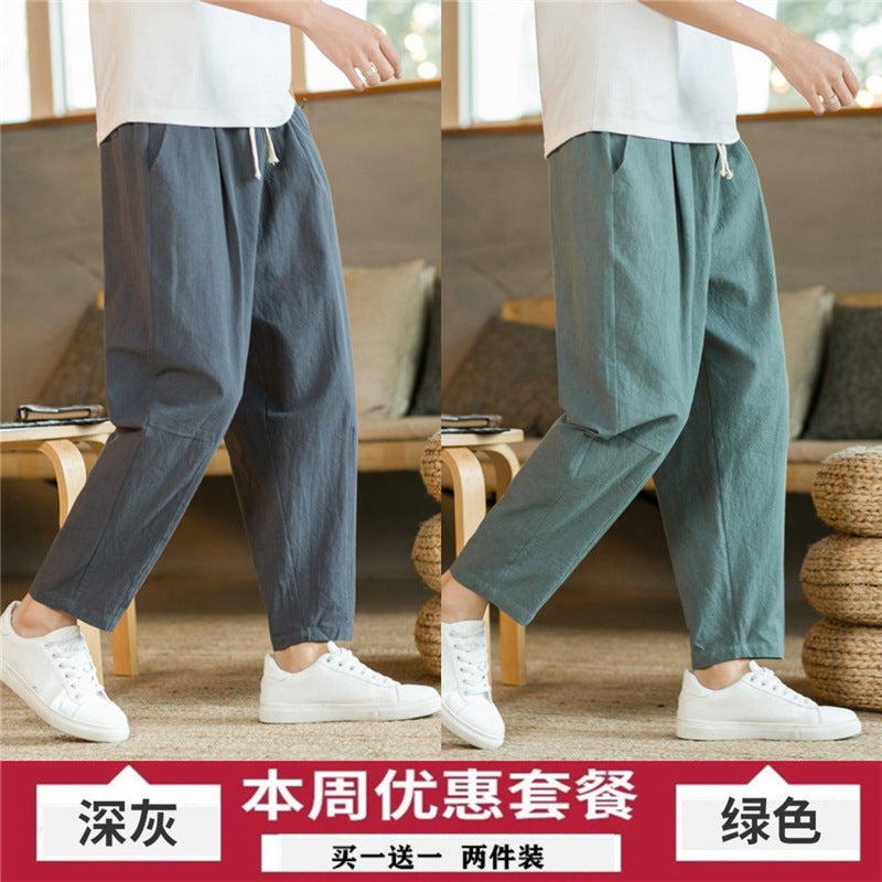 Spring and summer casual pants men's style with cotton hemp loose large size pants trend men's pants straight pants men's trend