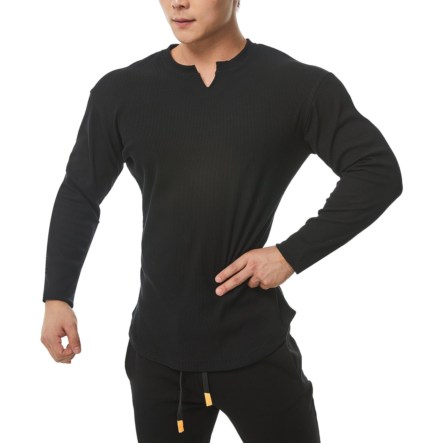 Autumn new men's long sleeve T-shirt arc hem thread fabric comfortable breathable casual clothing outdoor sports