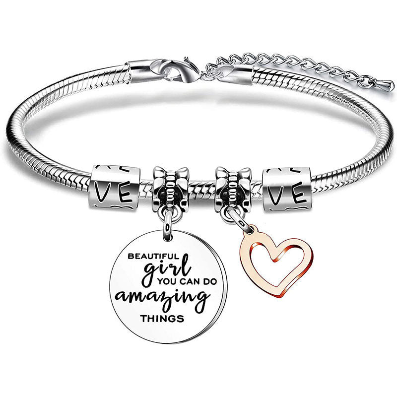 Adjustable Bangle Hollow Heart Shape Pendant Stainless Steel Charm Bracelet Valentine's Day Gifts Best Friend Birthday Present