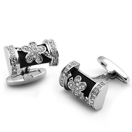 LO2632 - Rhodium Brass Cufflink with Top Grade Crystal in Clear