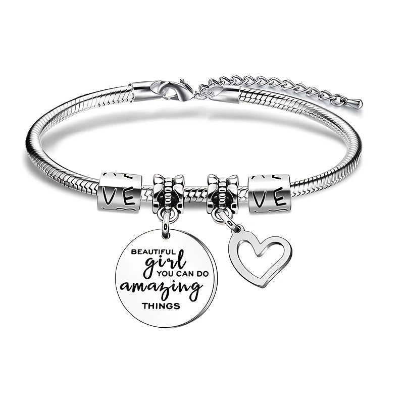 Adjustable Bangle Hollow Heart Shape Pendant Stainless Steel Charm Bracelet Valentine's Day Gifts Best Friend Birthday Present