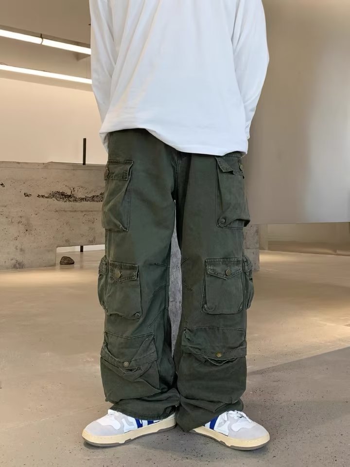 Hip hop retro multi-pocket overalls men and women heavy industry to do old straight leg casual pants high street ins pants